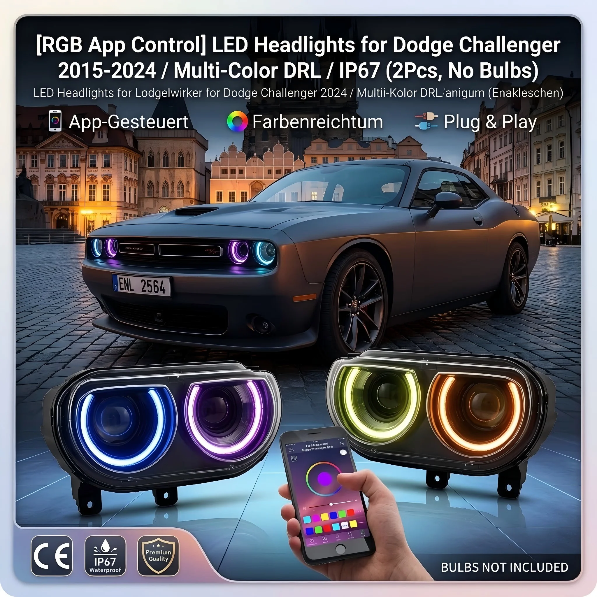 RGB App Steuerung Scheinwerfer für Dodge Challenger 2015-2024 LED Frontscheinwerfer Set Tagfahrlicht Plug & Play IP67 (Ohne Glühbirnen) 2 Stk