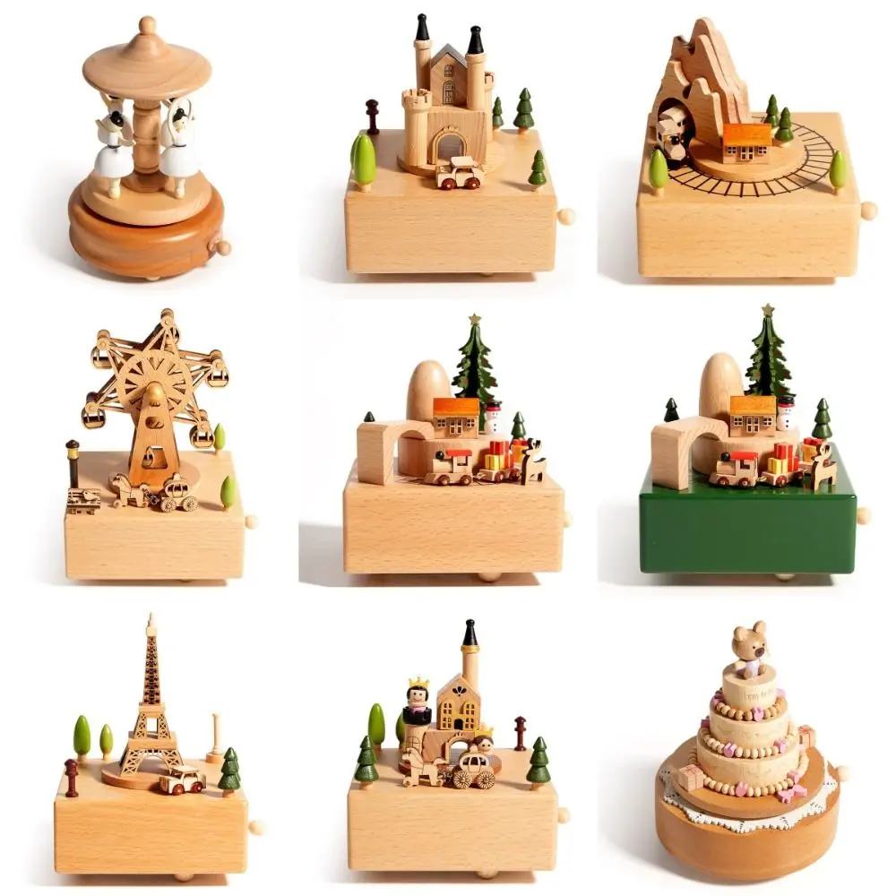 Mechanical Wood Craft Wooden Music Box Carousel Retro Rotary Music Box Music Box Ornaments Birthday Gift
