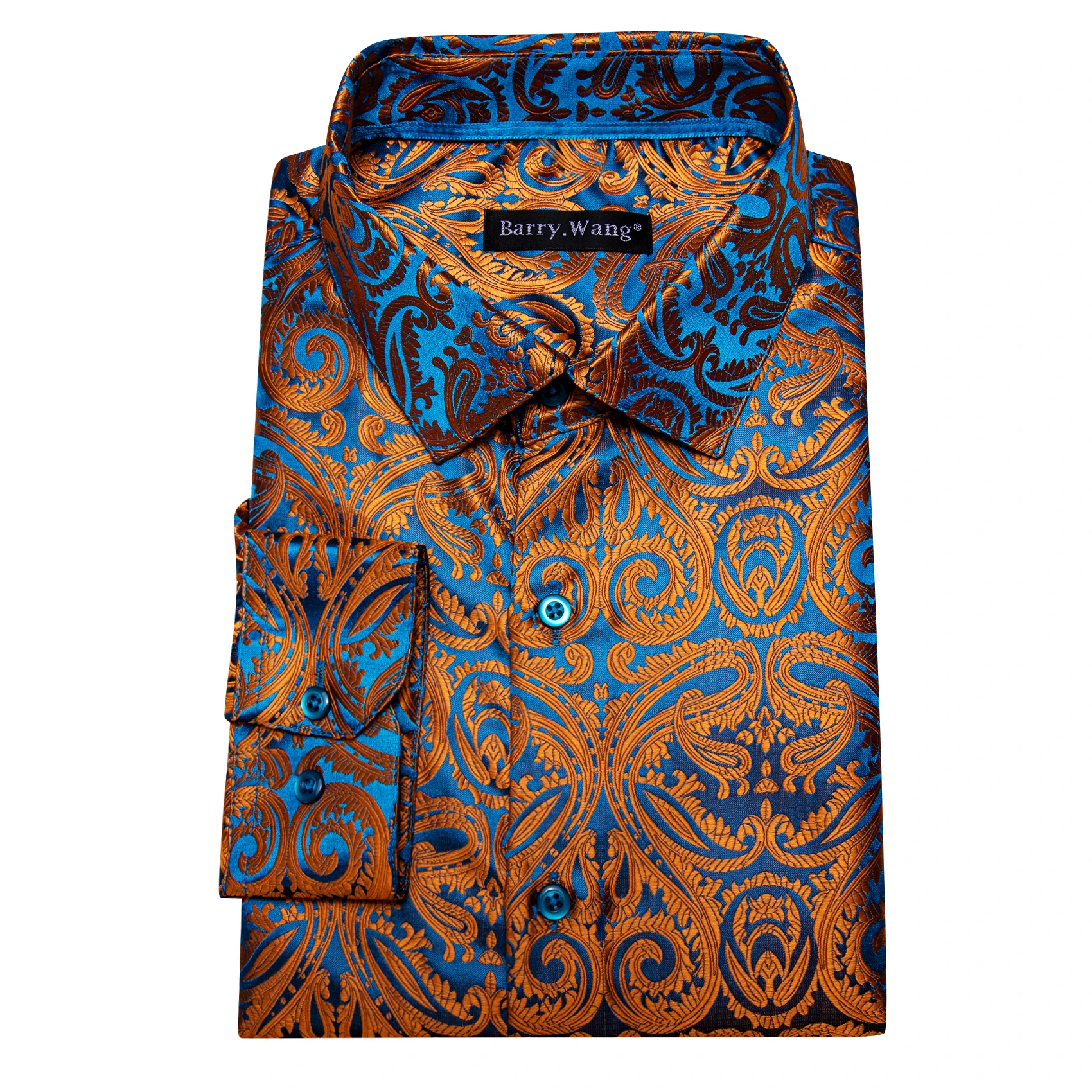 Luxury Shirts for Men Long Sleeve Silk Gold Blue White Black Red Green Purple Silver Paisley Embroidered Casual Blouses Lapel