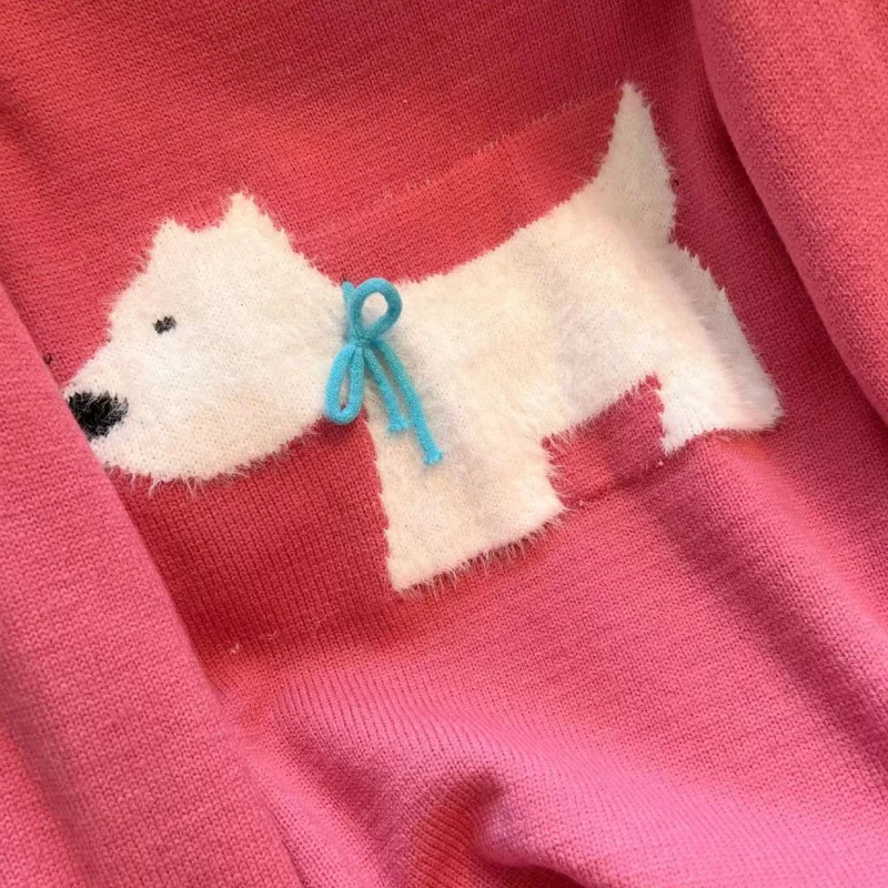 Damska szaryczna odzież Vintage sweter z dzianiny z okrągłym dekoltem kreskówka z długim rękawem na co dzień koreańska moda luźna damska zimowa