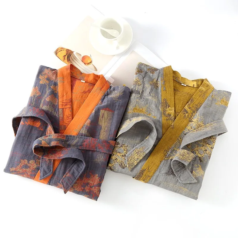 Male Pure Cotton Kimono Robe Pajamas Spring 2024 New Loose Double Layer Gauze Men\'s Bathrobe Floral Print Sleepwear Lounge Gown