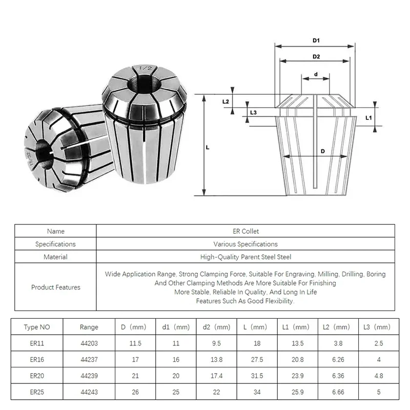 OUIO ER11 ER16 ER20 1/4MM 6.35MM 1/8MM 3.175MM 0.008Spring Collet High Precision Collet Set For CNC Engraving Machine Lathe Tool