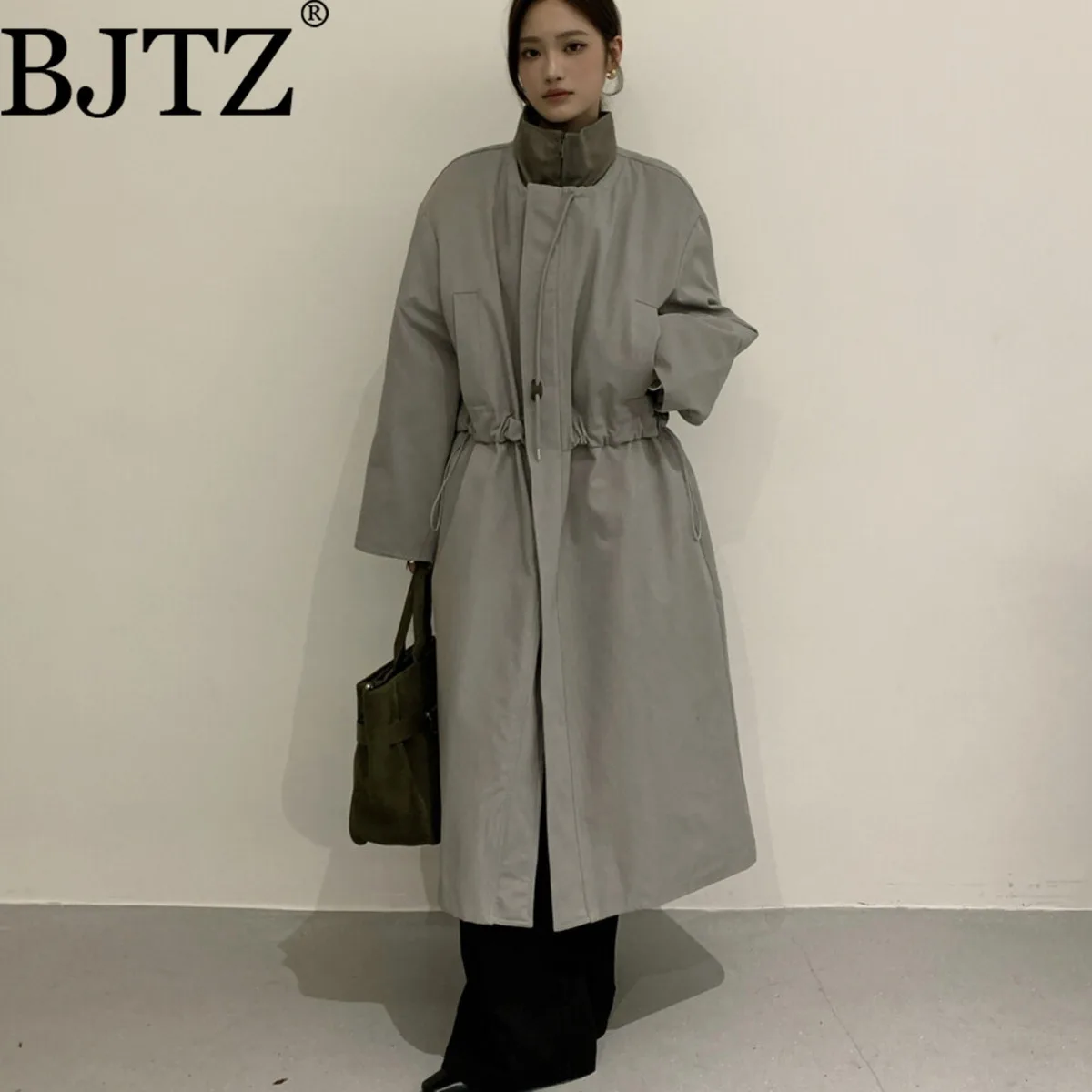 

BJTZ 2025 Autumn Women’s Long Trench Coat Faux Two-Piece Belted Waist Elegant Minimalist Premium Comfort Casual Fall Outerwear