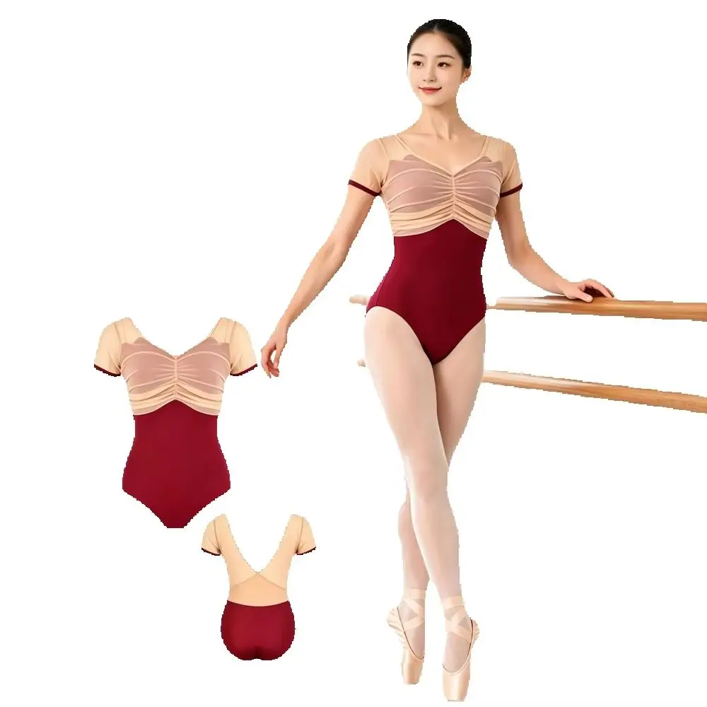 V Neck Mesh Patchwork Ballet Leotard Short Sleeve Women Gymnastics Bodysuit Professional Dance Training Costume