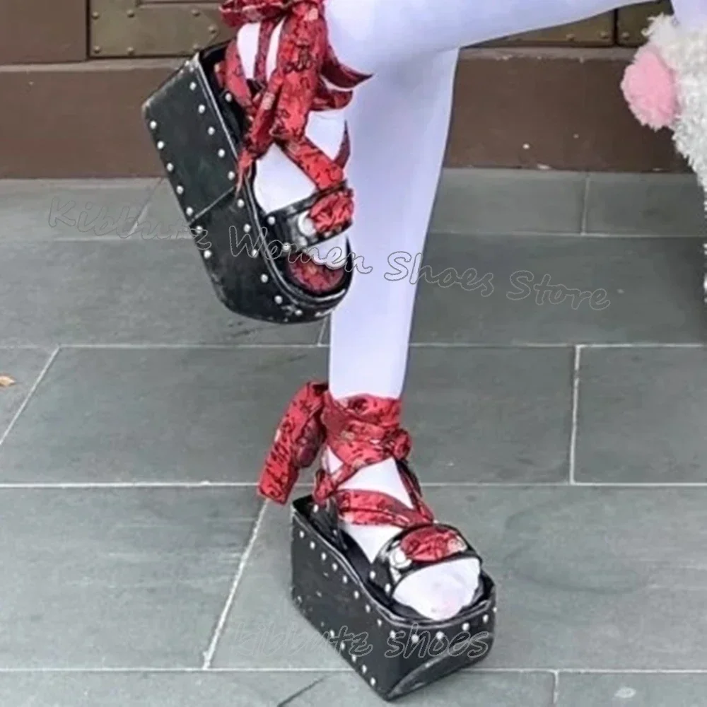 

Rivets Pump Platform Fashion Luxury Elegant Sexy Concise Novelty Women Shoes New Cross Strap Lace-Up Round Toe Height Increasing