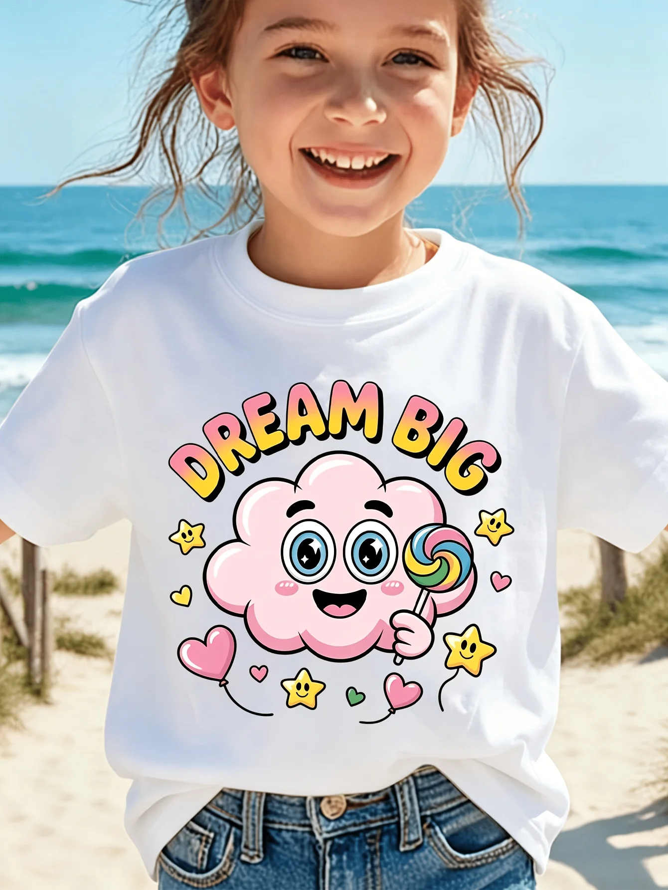Kids Dream Big Cute Pink Cloud Lollipop Hearts Stars Graphic Tee Boys Girls Family Matching Short Sleeve Casual Daily T Shirt