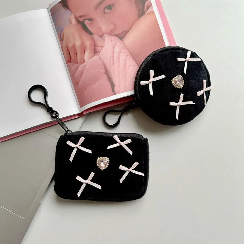 

New Girls Bowknot Coin Purse Sweet Heart Diamond Embellishment Keychain Wallet Portable Small Square Bag Lipstick Storage Bag