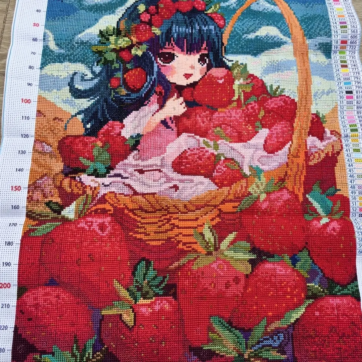 

[Pure handmade cross stitch finished product]Strawberry Girl Drawing Heart Size 47 * 66 Children's Room Study Cartoon