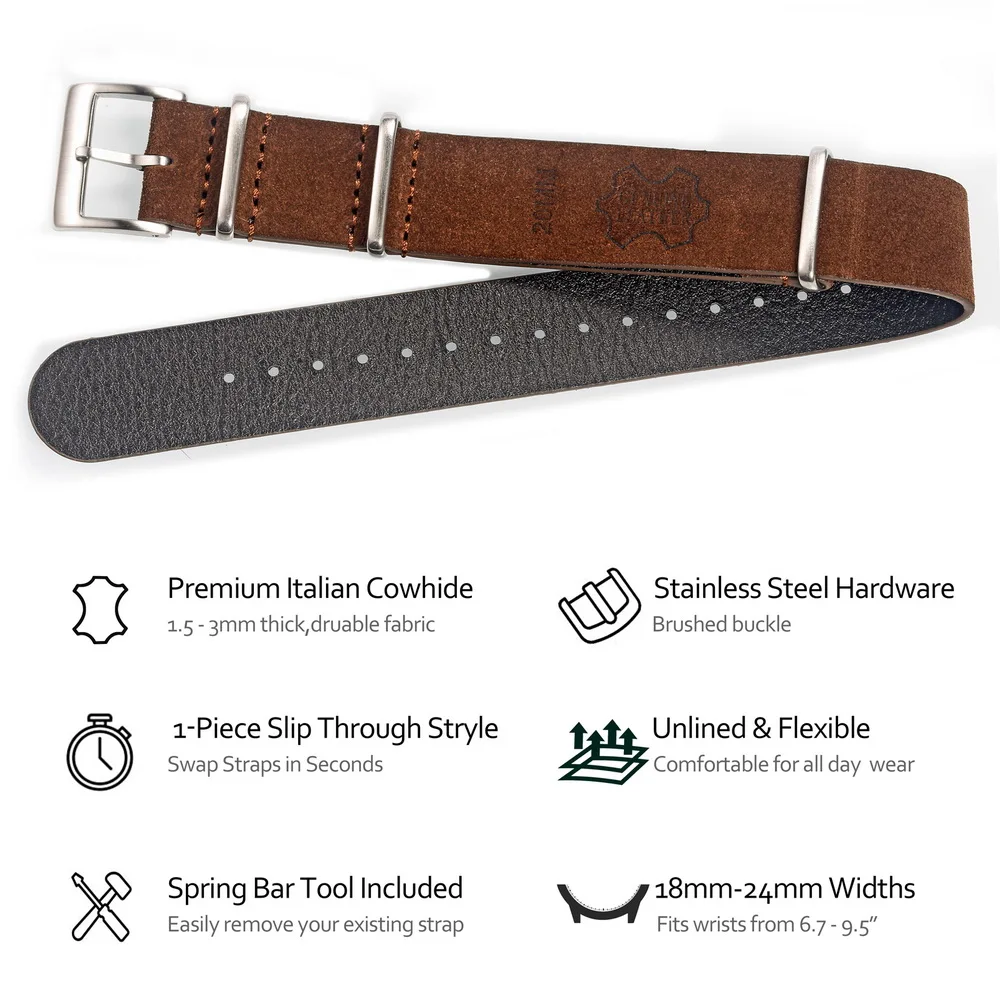 HEMSUT Genuine Leather Watch Band Suede One Piece Style Military Wrist Strap Vintage 18 20 22mm Replacement Wrap for Men Women