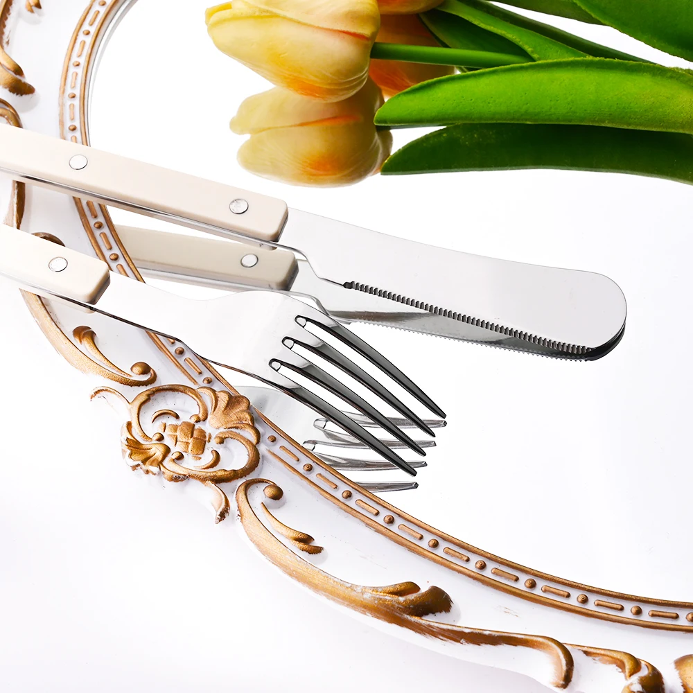 Beige Silber 4/16 Stücke Geschirr Acryl Griff Messer Gabel Löffel Set Edelstahl Besteck Set Westlichen Abendessen Küche besteck – Detail 4