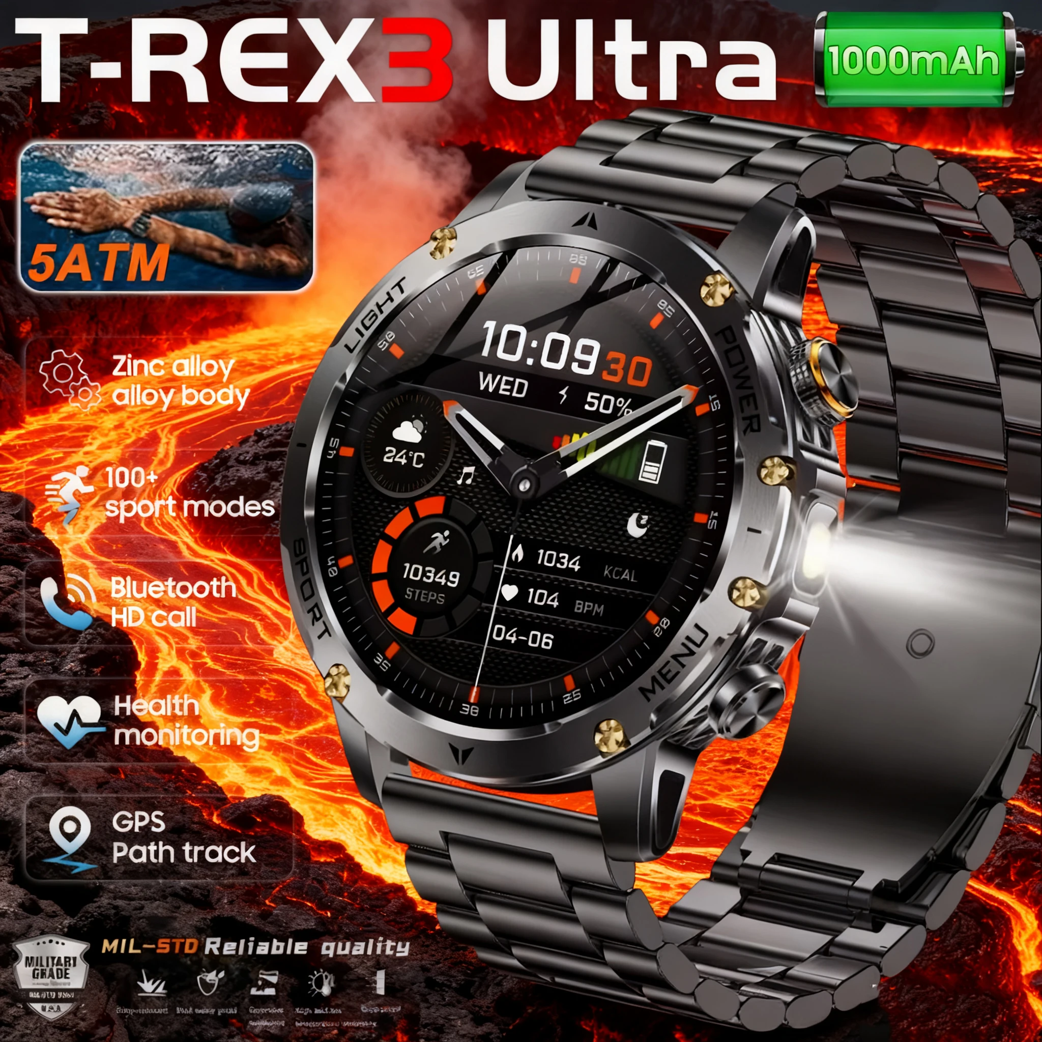 

Мужские уличные умные часы 5ATM для мужчин, 1000 мАч, светодиодный фонарик, компас, Bluetooth, монитор сердечного ритма, IP68, спортивные умные часы