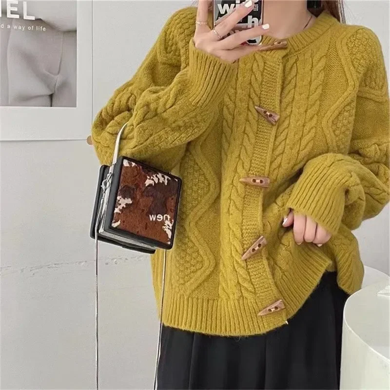 Women Loose Casual Horn Button Fisherman Sweater New O-Neck Knit Cable Jumper Autumn Winter Knit Cardigans New Year's Clothing