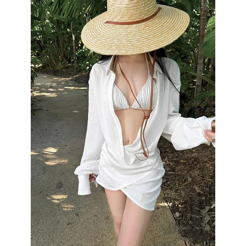 Seaside Beach Bikini Shirt Skirt Swimsuit Women's Three-piece Set 2025