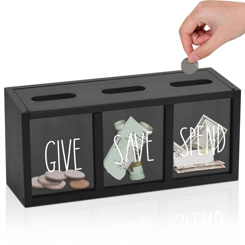 Wooden Give Save Spend Money Saving Box For Kids, Countertop Kid Piggy Bank For Daily Cash, Wall-Mount Kids Bank Durable Black