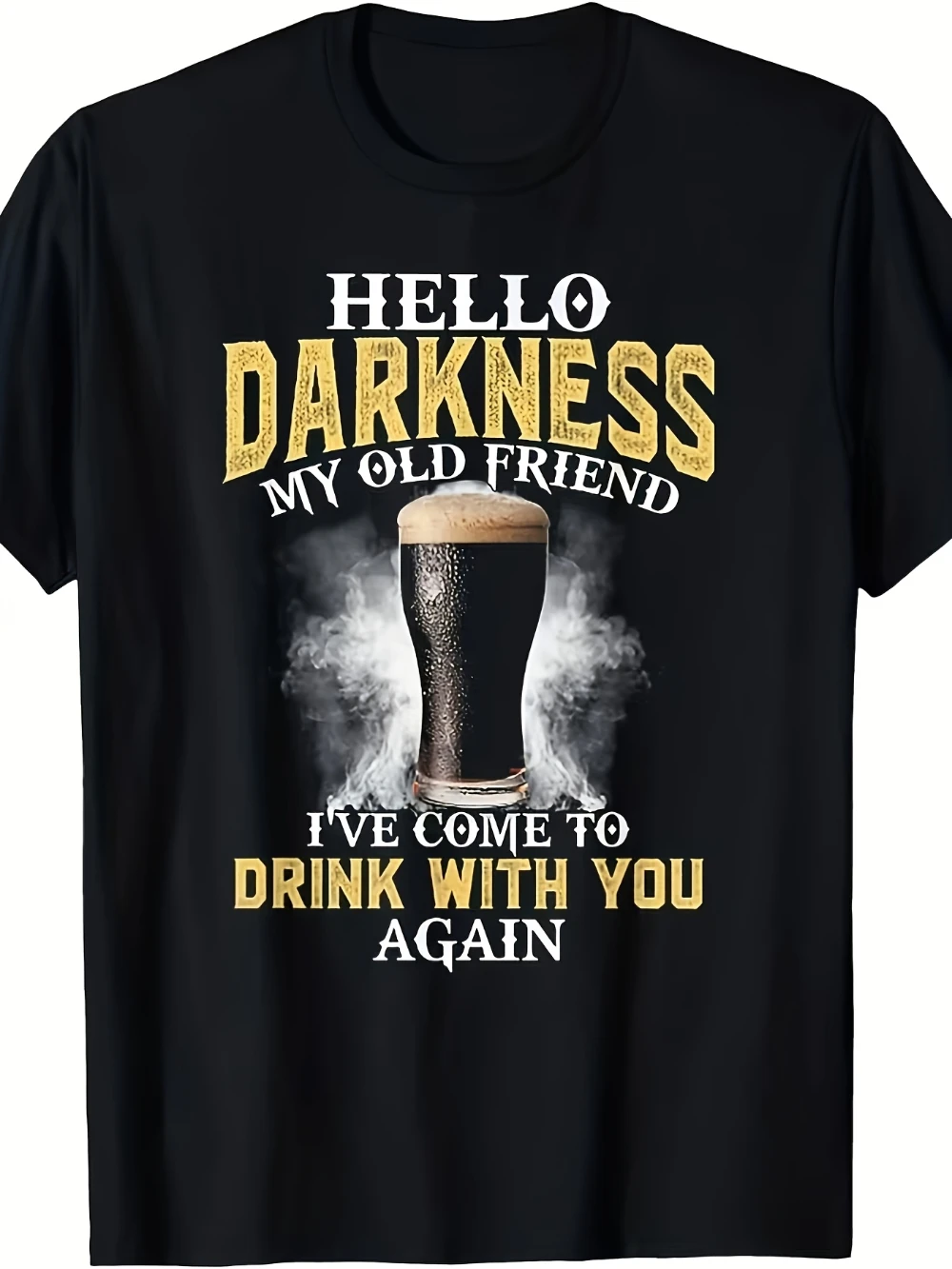 Hello Darkness My Old Friend Beer T-Shirt Vintage Bar Adventure Design with Stout and Irish Proverb Men's T-shirts for Summer