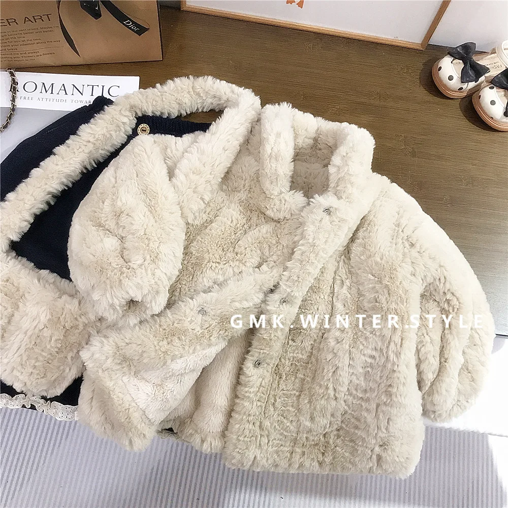 New Korean Girls' Winter Clothing, Children's Standing Collar Fur Cotton Coat, Thick Baby Girl's Imitation Fur Warm Coat