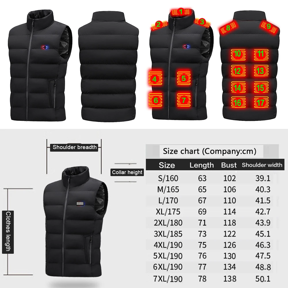 Chaqueta calefactable de 17 zonas, chaleco calefactor USB, abrigo para hombres y mujeres, chaleco calefactor eléctrico, ropa térmica cálida, chaleco calefactable de invierno para acampar