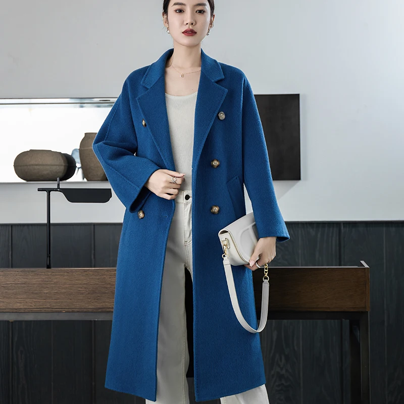 2025 Blue Long Women's Coat Autumn Winter New 100% Pure Wool Double-Breasted High-End Women's Jacket Versatile Women's Clothing