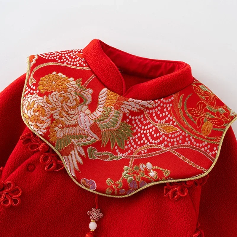 2024 NOWOŚĆ Noworodek Chiński Tradycyjny Kombinezon Dla Niemowląt Kwiatowy Hanfu Czerwony Kombinezon Urodzinowy Romper Chiński Nowy Rok Stroje