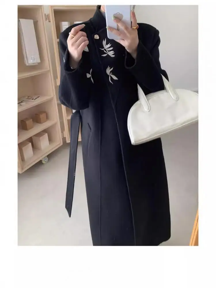 Office Lady Woolen Jackets 2024 Autumn And Winter Stand Collar Elegant Embroidery Adjustable Waist Women's Long Wool Coats