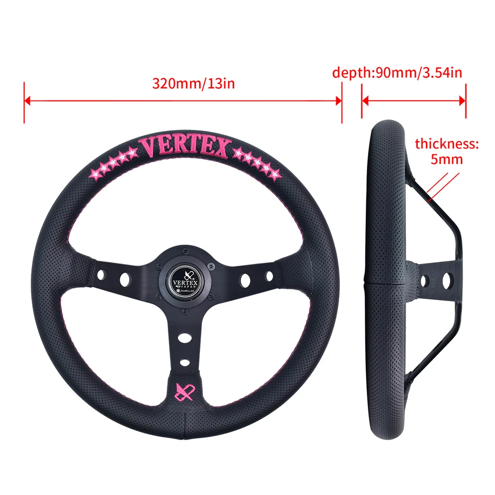 VERTEX Innovations Reinforced 5mm Bracket Steering Wheel 320mm Black Leather Pink Embroidered Drifting Sport Auto Steering Wheel