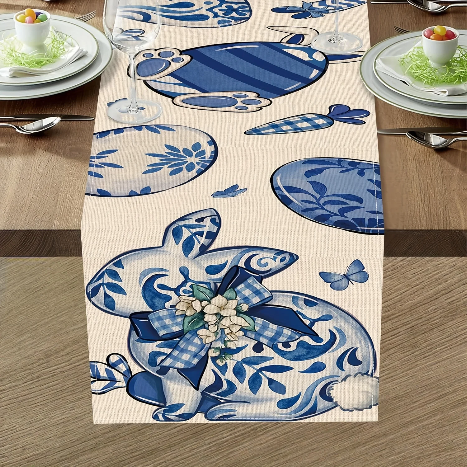 1pc, Easter Egg Bunny Table Runner, Blue and White Porcelain Rabbit Kitchen Dining Table Decoration, Spring Carrot Burlap