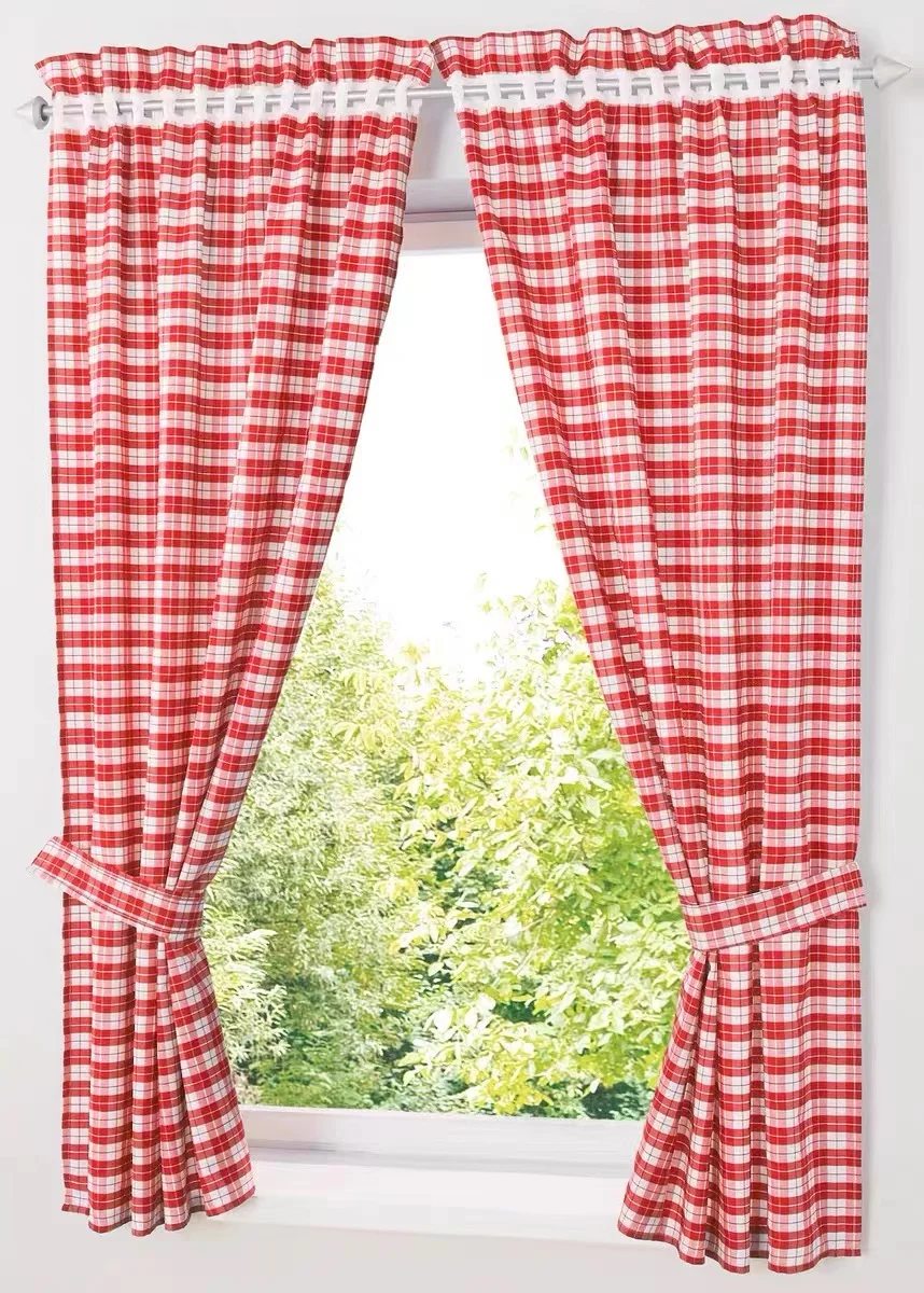 2PCS Hot Sale Cafe Curtains Lattice Curtain for Kitchen Window Balcony Rome Pleated Design Red Blue Color Short Roman Curtain