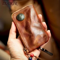 LUOKIR Deluxe Genuine Leather Home Car Key Bag Vintage Handmade Cowhide Coin Purse Men and Women Zipper Mini Wallet Card Holder