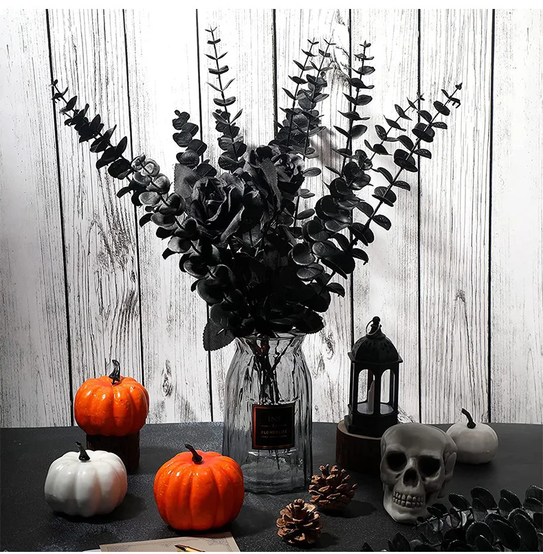 10/20/30 Stück schwarzer Eukalyptus künstliche Blätter Blumenstrauß Garten Halloween Dekorationen im Freien für Heimdekoration gefälschte Pflanzenverzierung – Detail 8