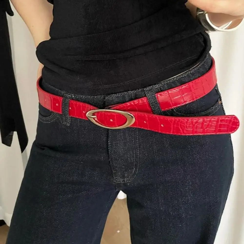 Simple Designer Women's Belt PU Leather Luxury Lychee Pattern Waist Belt Casual Red Black Dress Jeans Belt Spicy Girls