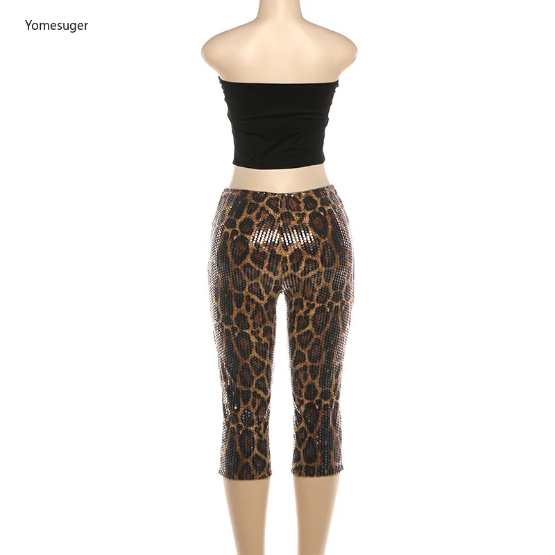 Yomesugar Sequin Leopard Print 2 Piece Set Women Patchwork Asymmetric Strapless Tank Top+Capri Pants Matching Party Club Outfits
