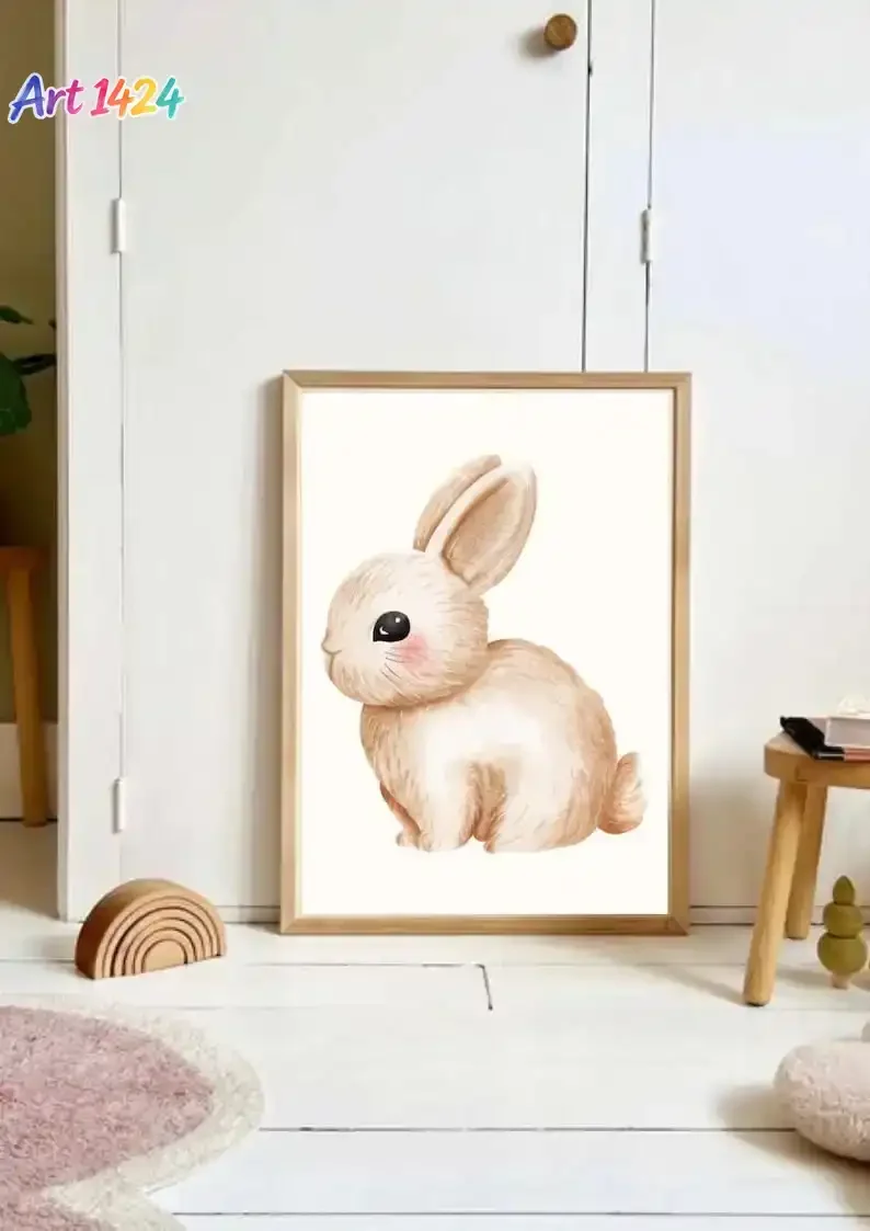Cute Bunny Happy Easter Quote Canvas Bunny Egg Ear Footprints Flower Plant Wall Art Poster for Modern Living Room Home Decor