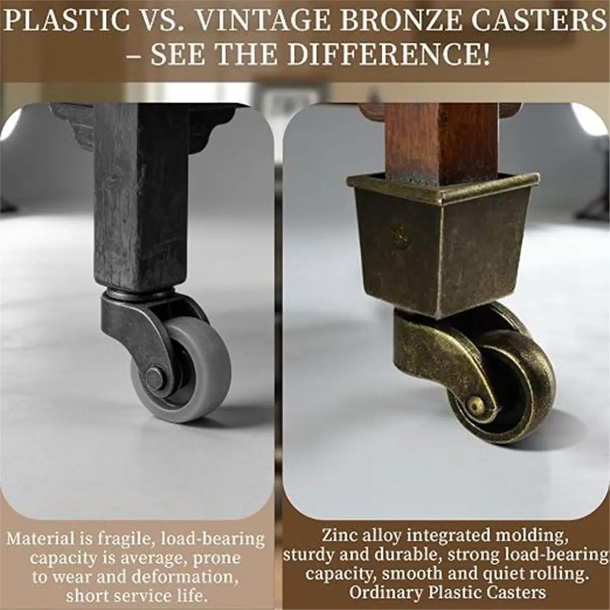 4PCS Swivel Caster Wheels Square Cup Furniture Castors Bronze, 150kg Load Capacity with Screws for Piano Sofa Table