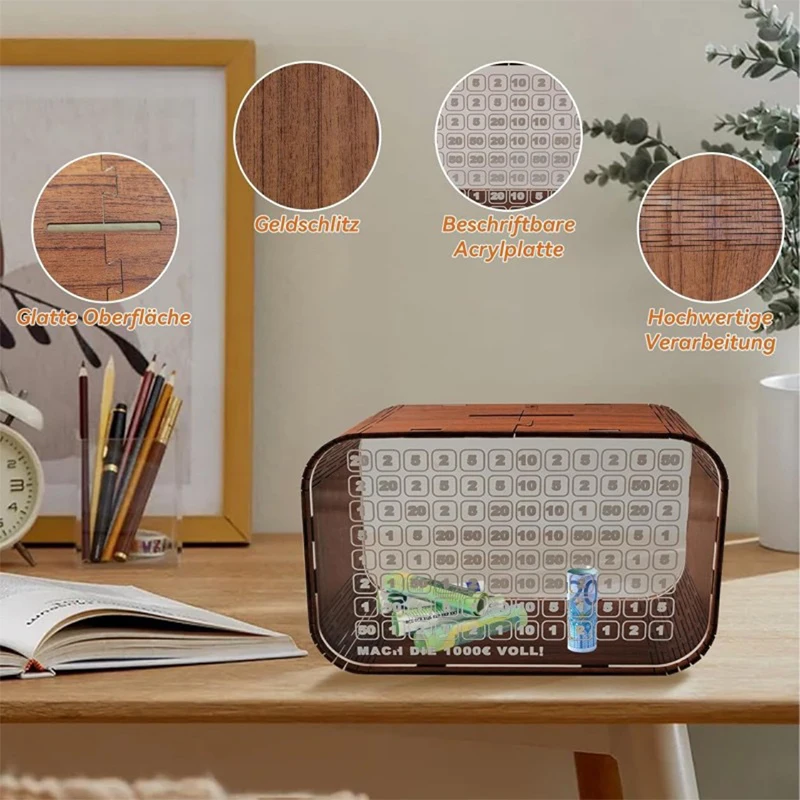 透明アクリル貯金箱,木製銀行,カウンター付き貯金箱,1000ユーロ