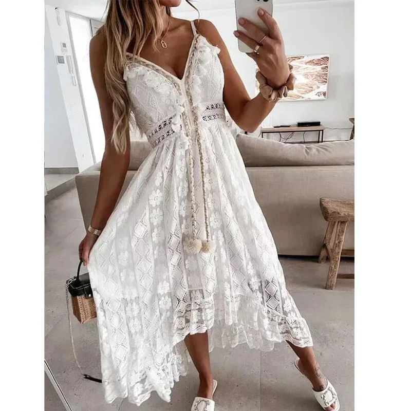 Summer New Lace Sling Big Swing Solid Color Long Skirt Dress Spring V-neck Sleeveless Beach Dresses Casual Chain Link Dress image 2