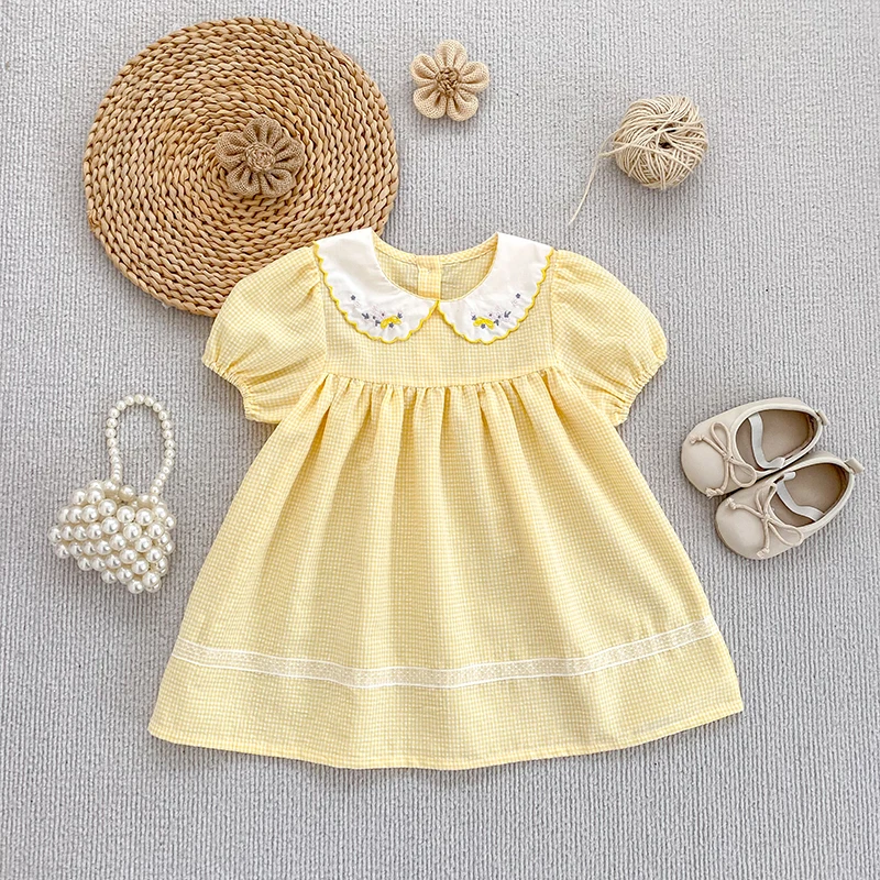 2026 Sommer 2-6 Jahre Kinder Karo-Süßes Partykleid 0-24 Monate Baby Mädchen Stickerei Kragen Kurzarm Body Gelbes Schwesterkleid – Detail 17