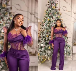 Arabski Aso Ebi Fioletowe kombinezony Prom Dresses Feather Illusion Afrykańska suknia wieczorowa z długim rękawem i spodniami Plus Size custom