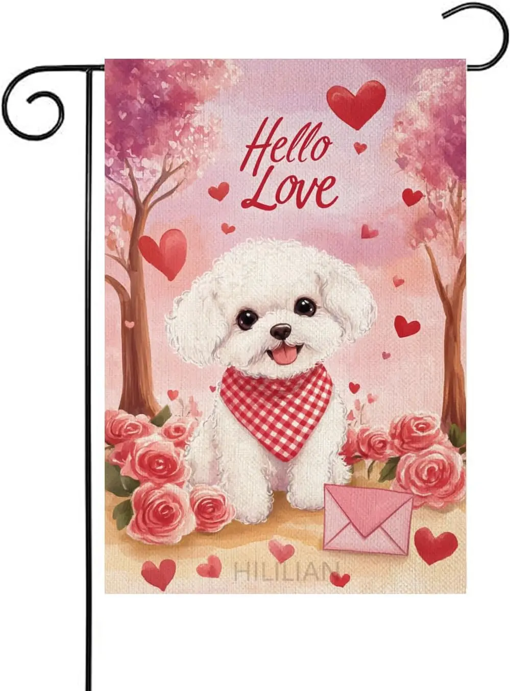 Hello Love Bichon Frise Garden Flag Valentine's Day Small Heart Rose Yard Flag Seasonal Outdoor Decor for Anniversary Weddin zzo