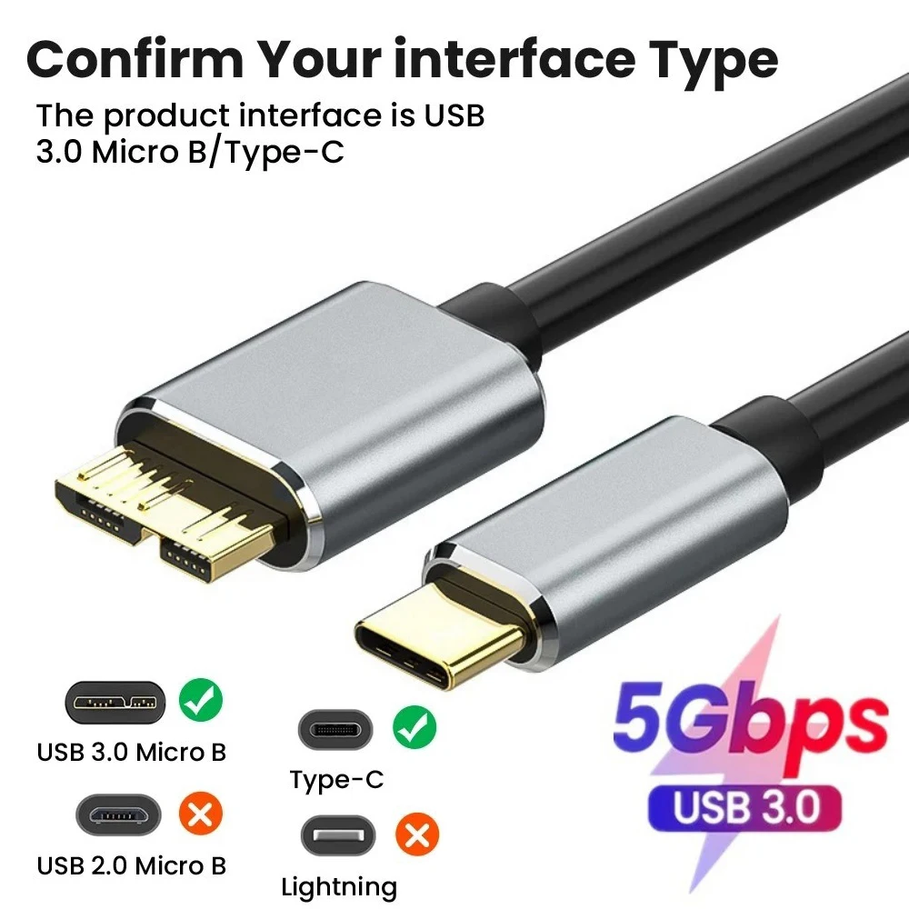 USB 3.0 Typ-C-auf-Micro-B-Kabel für externe Festplatten/SSDs für Toshiba, Seagate, WD, Lenovo, Laptop, MacBook, HDD, Datensynchronisationskabel