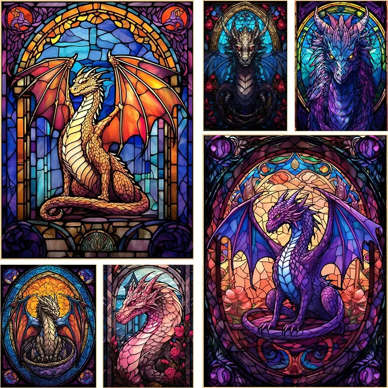 Abstract All Dragons Asylum Stained Glass Poster, Canvas Print Painting, Wall Art for Livinig Room Aesthetics, Home Decoration