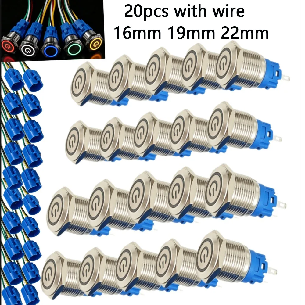 20pcs Silver Metal Button Switches Flat Head 16 19 22 mm Waterproof Latching Momentary 3v 5V 12V 24V 220V LED On Off with Wire