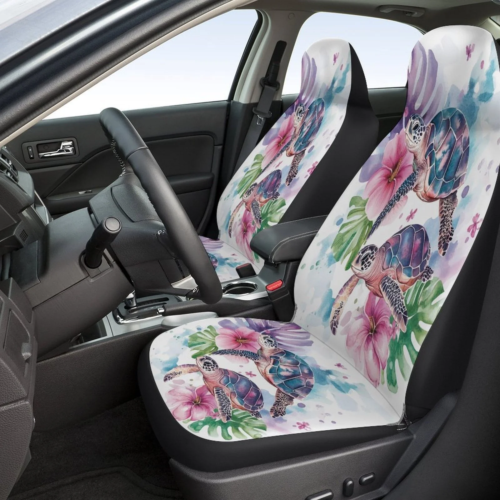 Set Of Car Seat Covers Featuring A Tropical Turtle Design, Suitable For A Variety Of Vehicles. This Stylish And Unique Full Set
