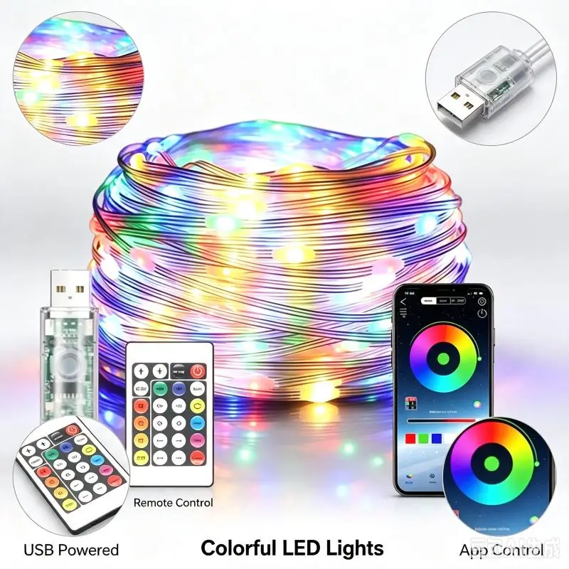 RGBIC USB Fairy Lights, 5M 10M 20M LED String Lights with Bluetooth App Control Music Sync Timer for Christmas Home Decor