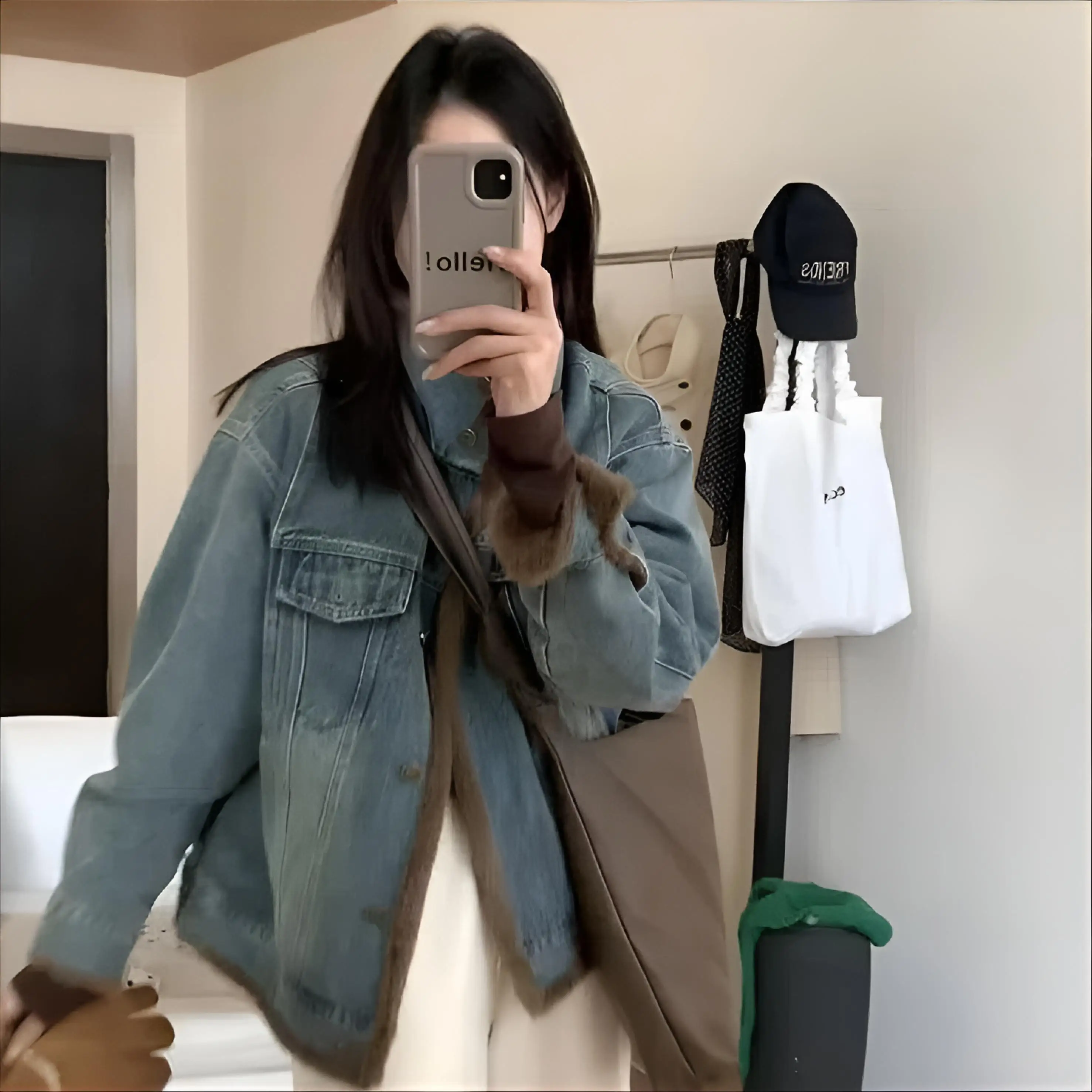 

Джинсовое пальто с мехом и капюшоном, плюшевое женское осеннее лоскутное пальто на пуговицах, элегантный стиль, школьный стиль, кулиска, аппликации, стойка Y2K