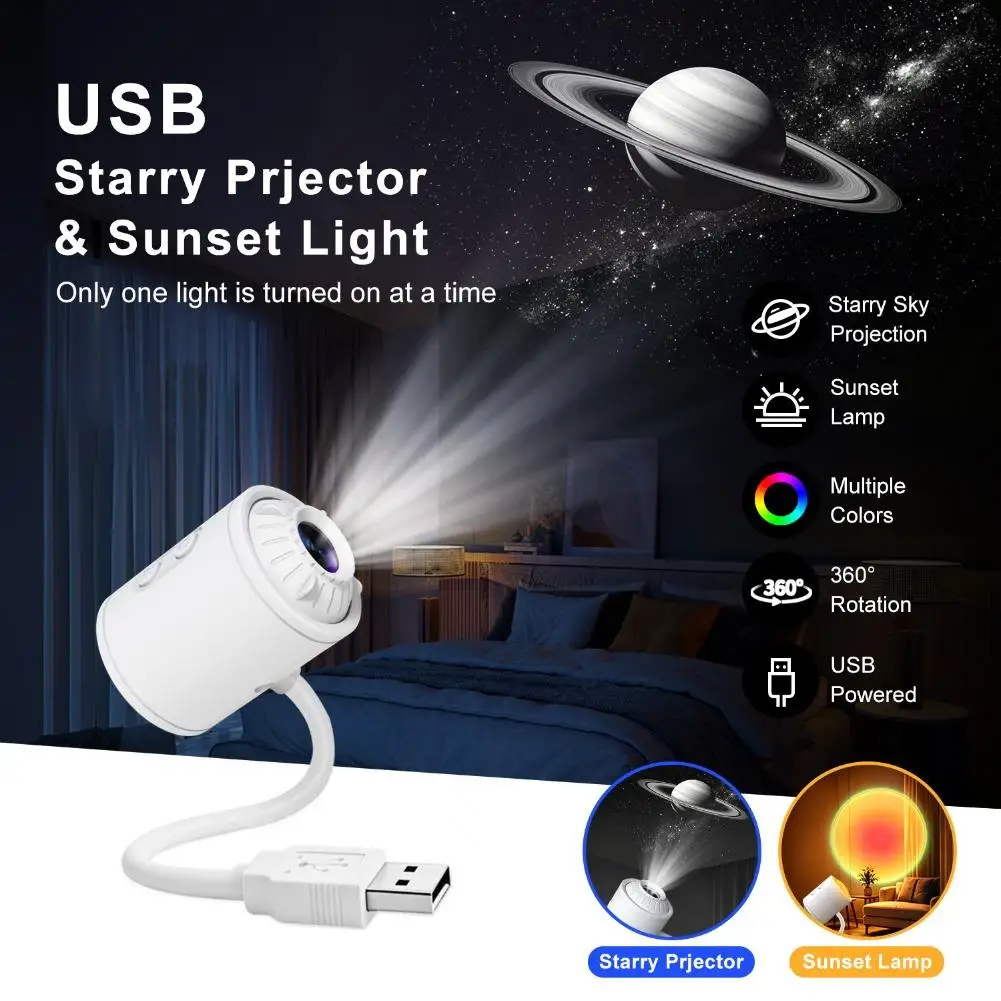 2 In 1 Starry Projector & Sunset Lamp, USB Flexible Gooseneck Night Light Multi Color Atmosphere Light Bedroom Photo Decor