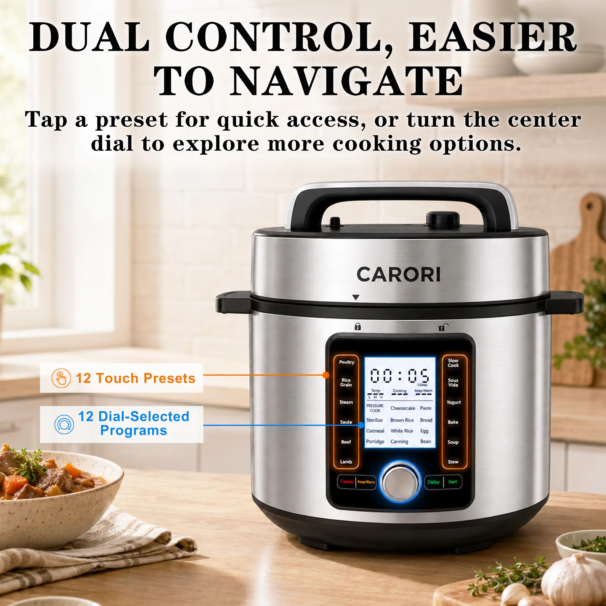 Electric Pressure Cooker 8QT, 24 Programs, Touch and Dial Control 13-in-1 Multi-Cooker, Ceramic-Coated Pot, 14 Safety Protections, Rice Cooker, Slow Cook, Sous Vide, Saute, Sterilize, Silver