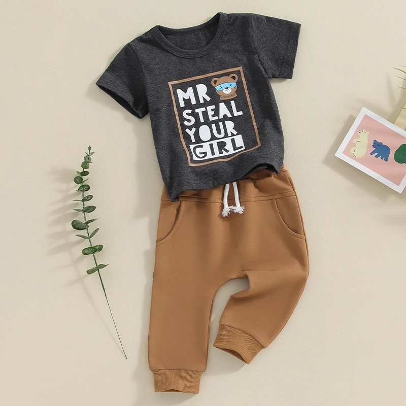 

Toddler Baby Boy Funny Spring Outfit Infant Mr Steal Your Girl Short Sleeve Shirt Jogger Pants 2 Pcs Clothes Set