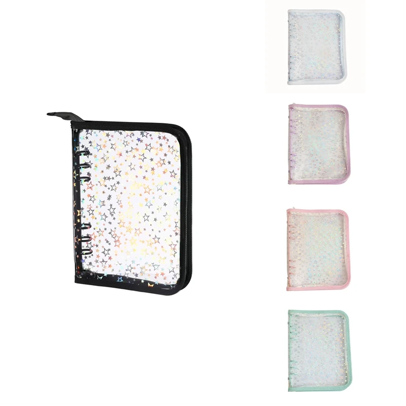 A5 Budget Binder Capa com Zíper, Shell de Notebook Recarregável, Estrelas Glitter, 6 Ring Binder Planner, PVC transparente
