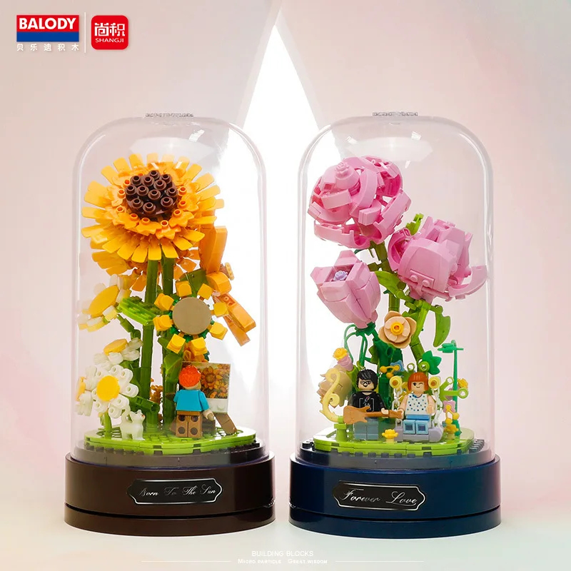 

Flower Mini Building Blocks Sunflower Rose Music Box 3D Model MOC Brick Figure Toys Christmas Gift With Display