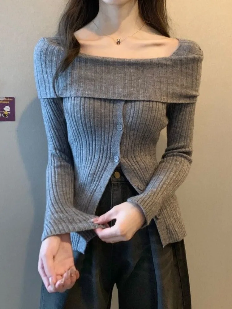 Women's Slim Fit Knitwear Square Collar Slit Design Autumn Winter Faion Ele Gentle Sle Base Top Quali Polyester Fiber